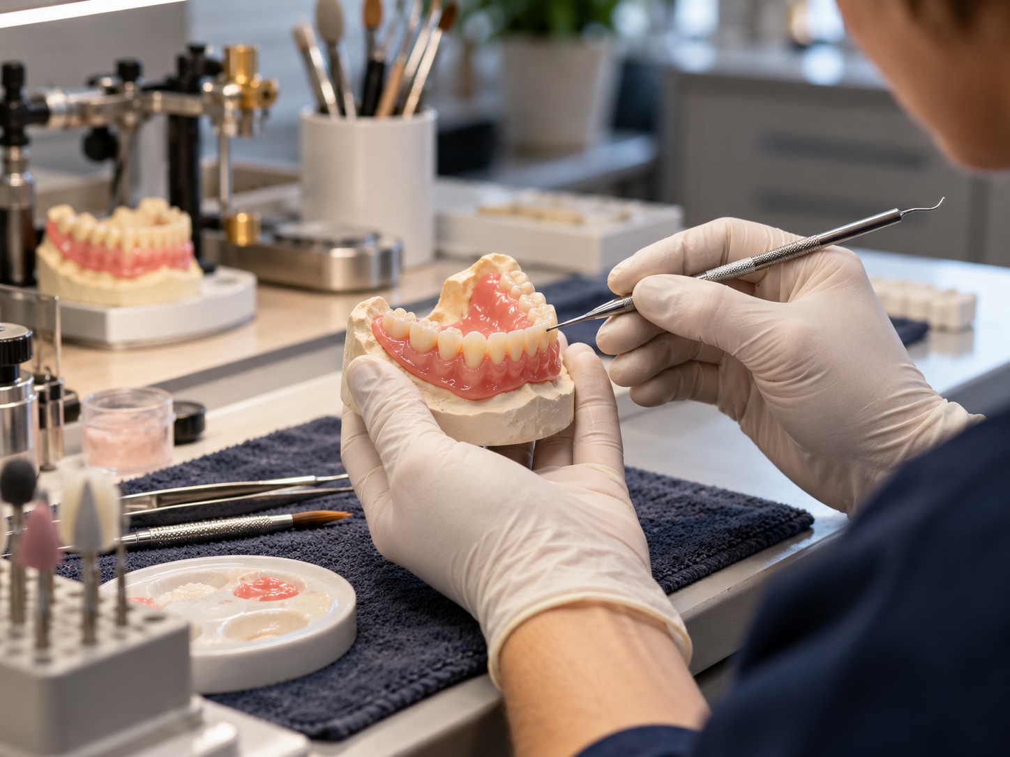Dental laboratory professional checking a denture model