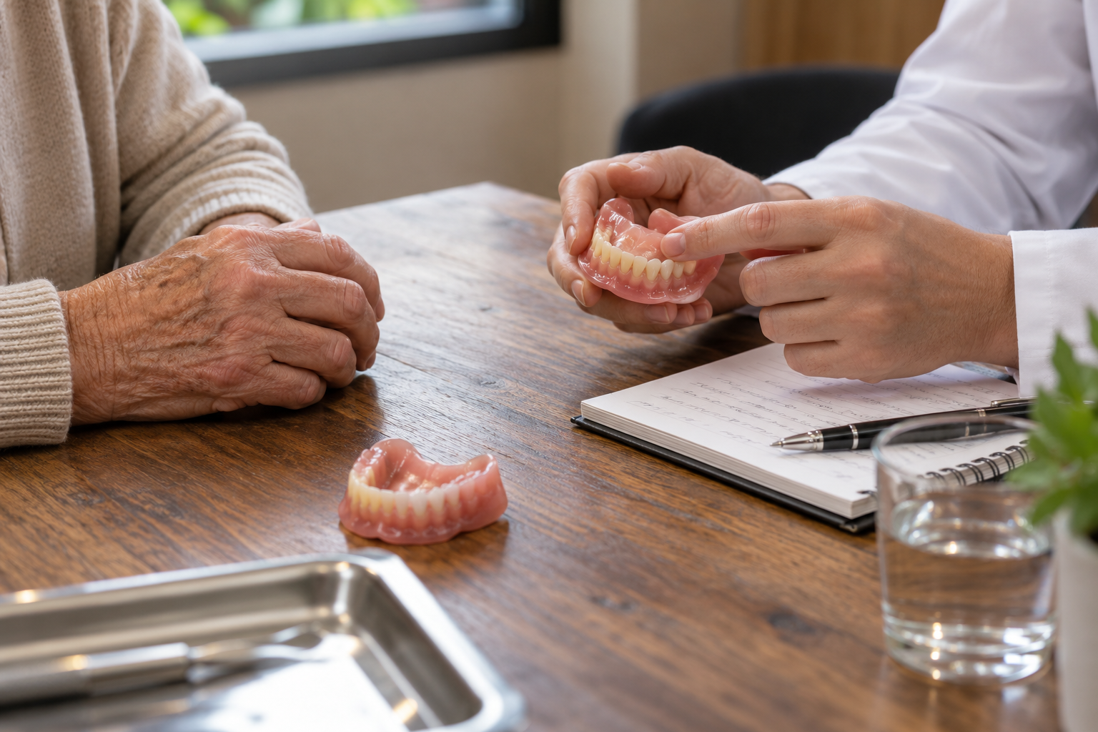 Patient and dental professional reviewing a complete denture using their hands
