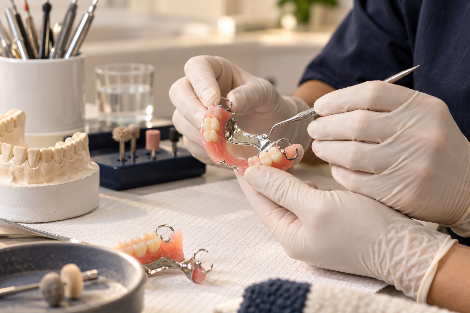 Dental technician checking a partial denture with a refined metal framework