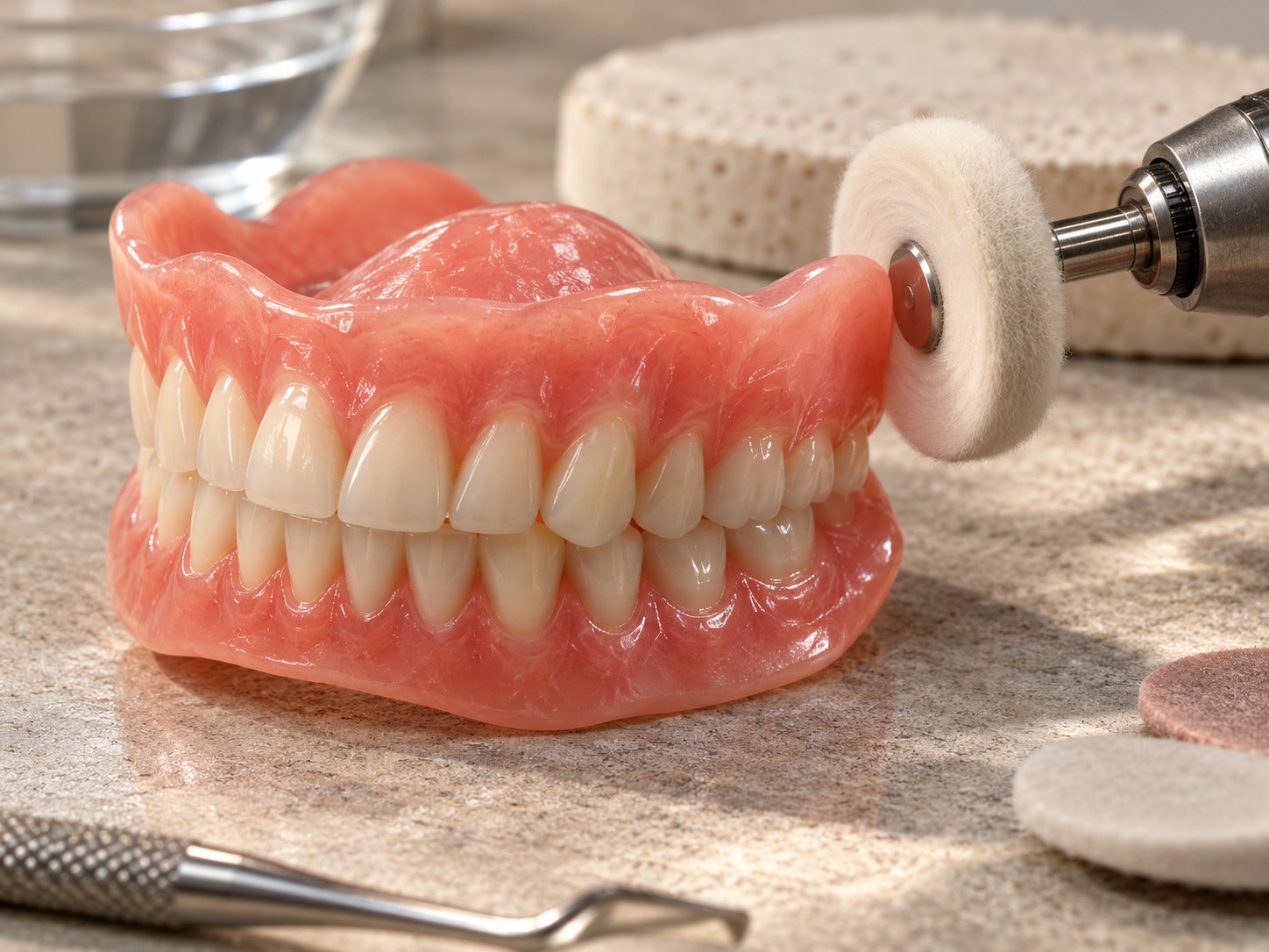 Denture being professionally polished in a dental laboratory